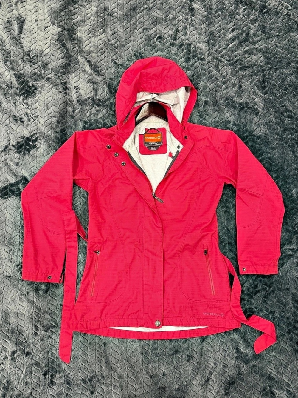 Merrell Opti-Shell Waterproof Hooded Trench Rain Jacket Belted Pink XS